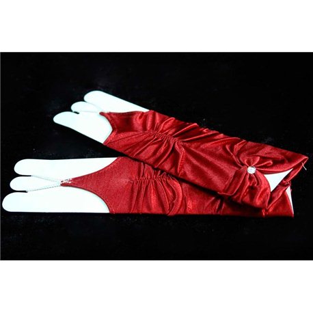 Mănuși pentru fetiţe din satin, fără degete, până la cot, lucioase, ondulate, cu fundiță, de culoare bordo 3613