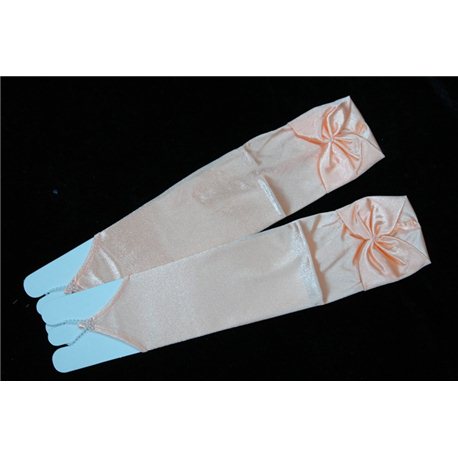 Перчатки для девочек, без пальцев, выше локтя, блестящие, с бантом персиковые 3013