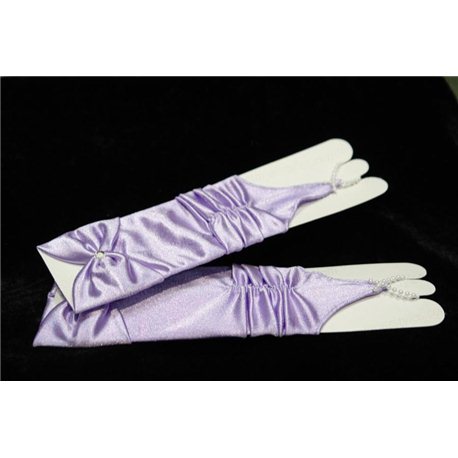 Mănuși pentru fetiţe din satin, fără degete, până la cot, lucioase, ondulate, cu fundiță, de culoare lilac 4447